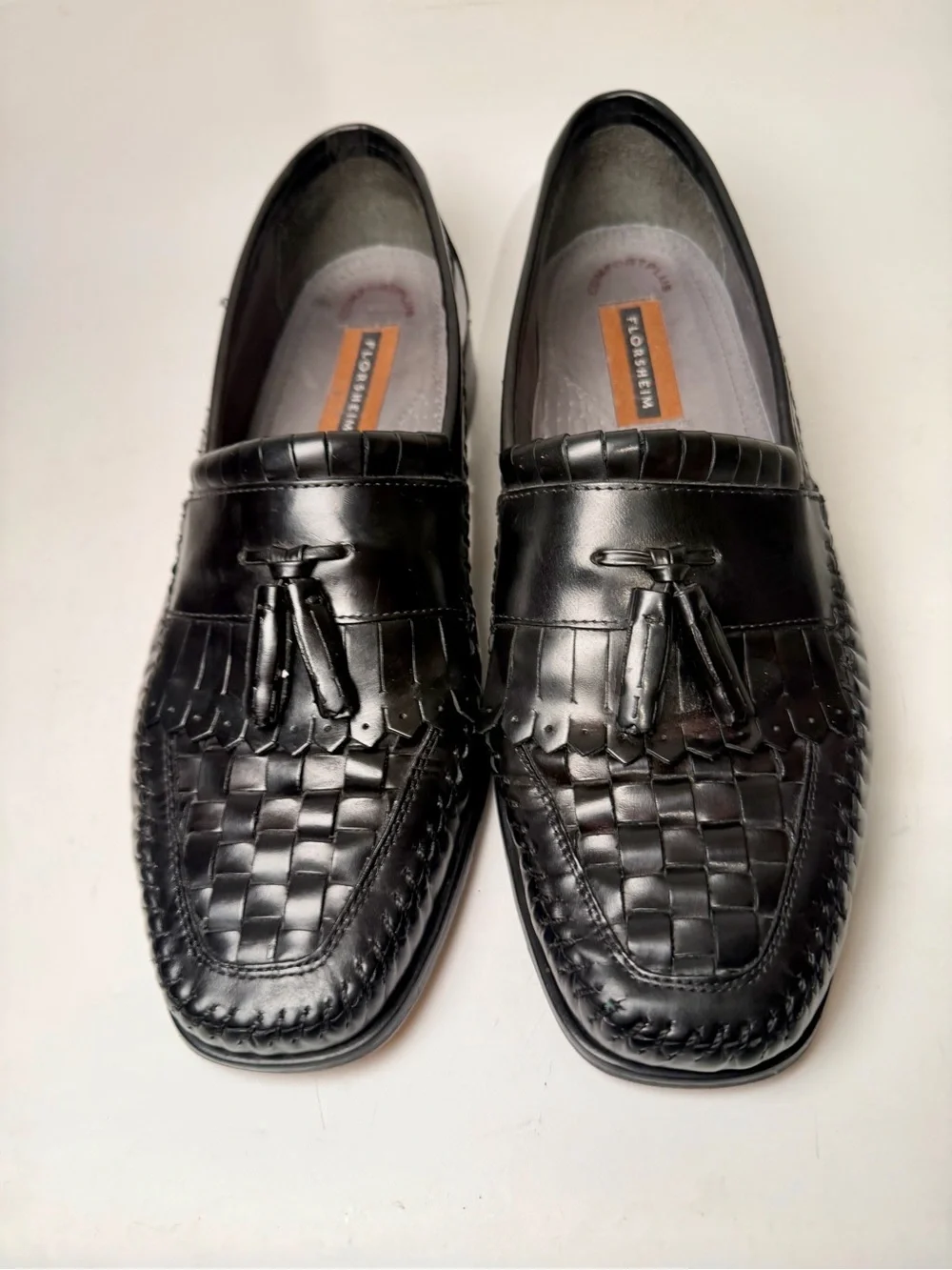 FLORSHEIM Black Leather Dress Shoes Woven Front Vamp Tassel Loafers Sz. 10.5 D